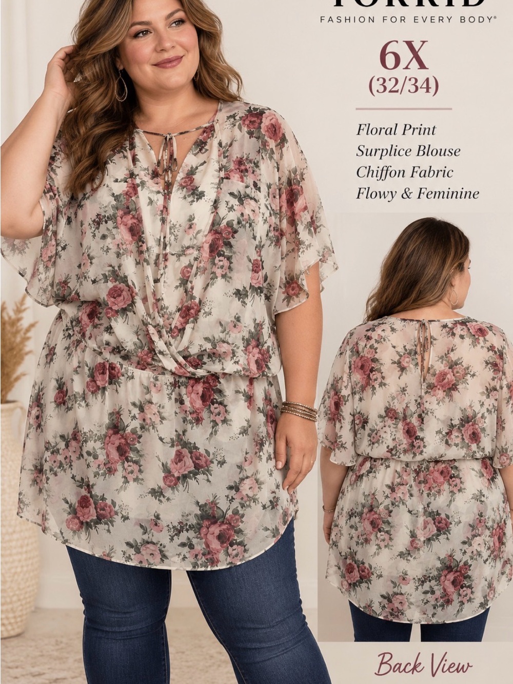 torrid Cream Floral Surplice Blouse with Pink Rose Print